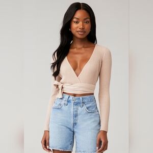 MINKPINK Cream Ribbed Wrap Crop Top
